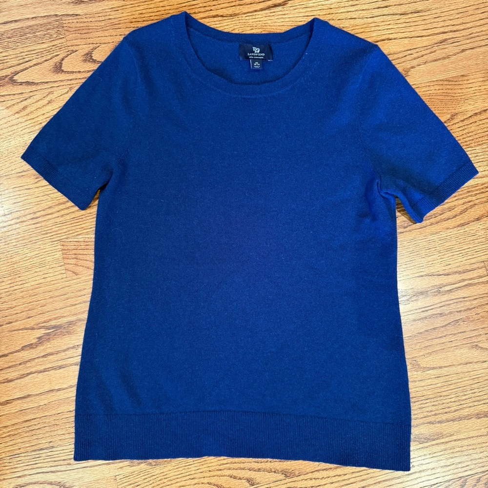 Lands' End Cashmere Women's Navy Crew Neck Short Sleeve Sweater size Medium